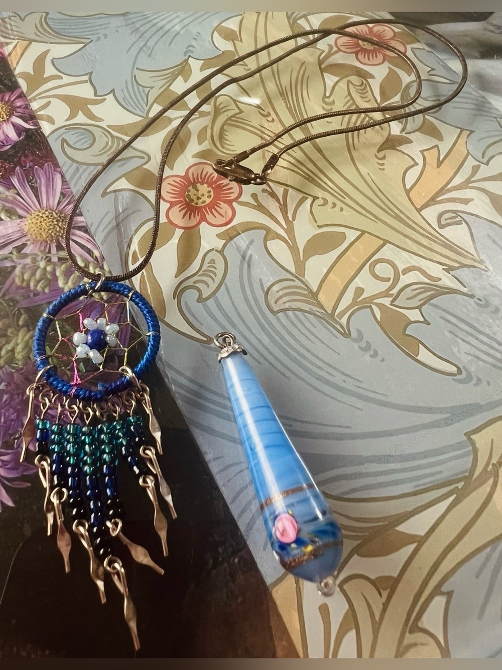 Hand Blown Art Glass Pendant & Dreamcatcher Pendant Necklace W Chain